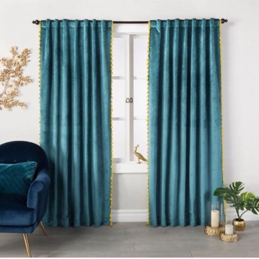 Opalhouse teal velvet curtain with lime tassle (1 panel)